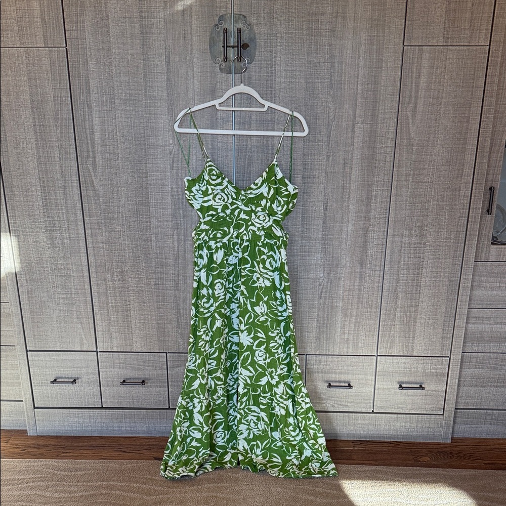 Zara Linen Blend‎ Floral Printed Cutout Midi Dress